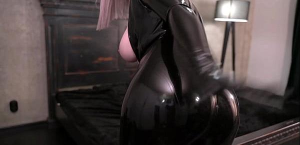 trendshot female with natural boobs and big ass in latex rubber cloth slowly moving teasing free 4k porn